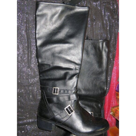 Arizona Jeans Dakota Black Leather Buckle Embellished Riding Boots Memory Foam - Picture 1 of 9